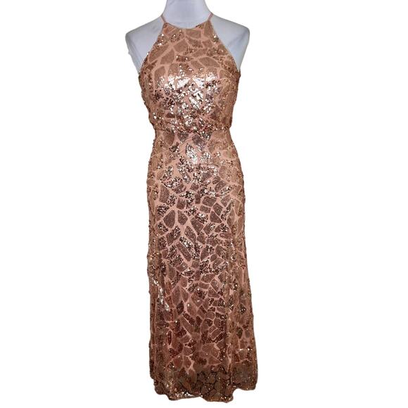 Donna Morgan Tiffany Sequin Maxi Dress 0 XS Rose Gold Halter Neck Cocktail Party - Picture 1 of 10